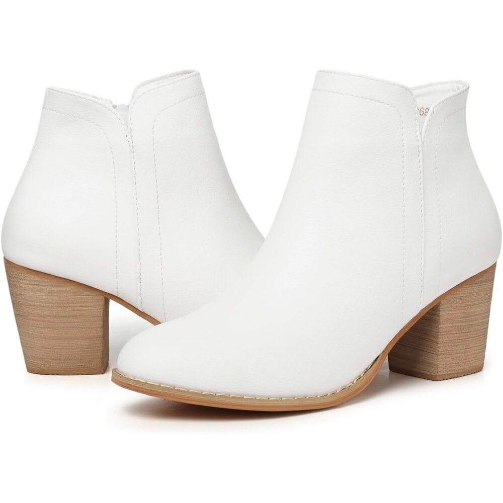 Women's White Pu Ankle Chunky Heeled Almond Toe Short Zipper Faux Suede Booties
